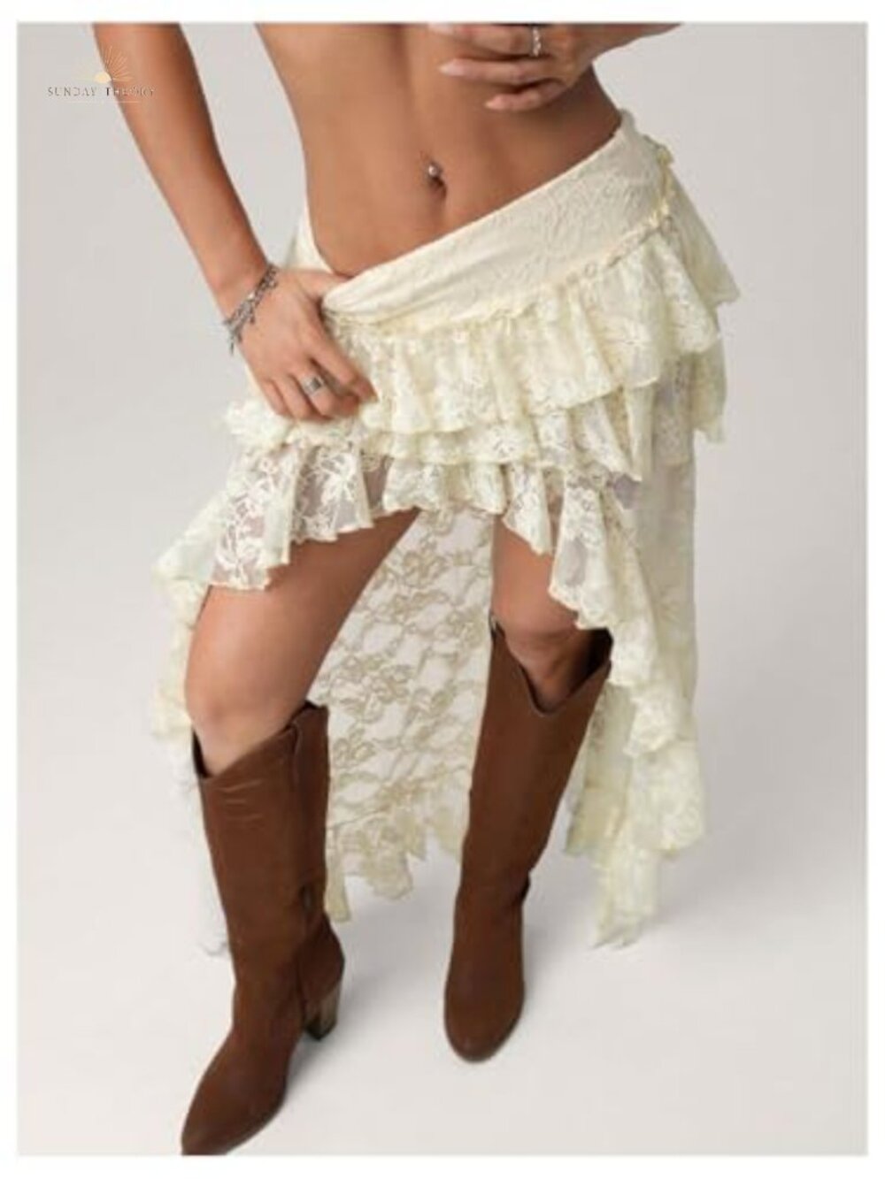 Boho Lace Asymmetrical Maxi Skirt Western Cowgirl Drop Waist - Picture 2 of 5